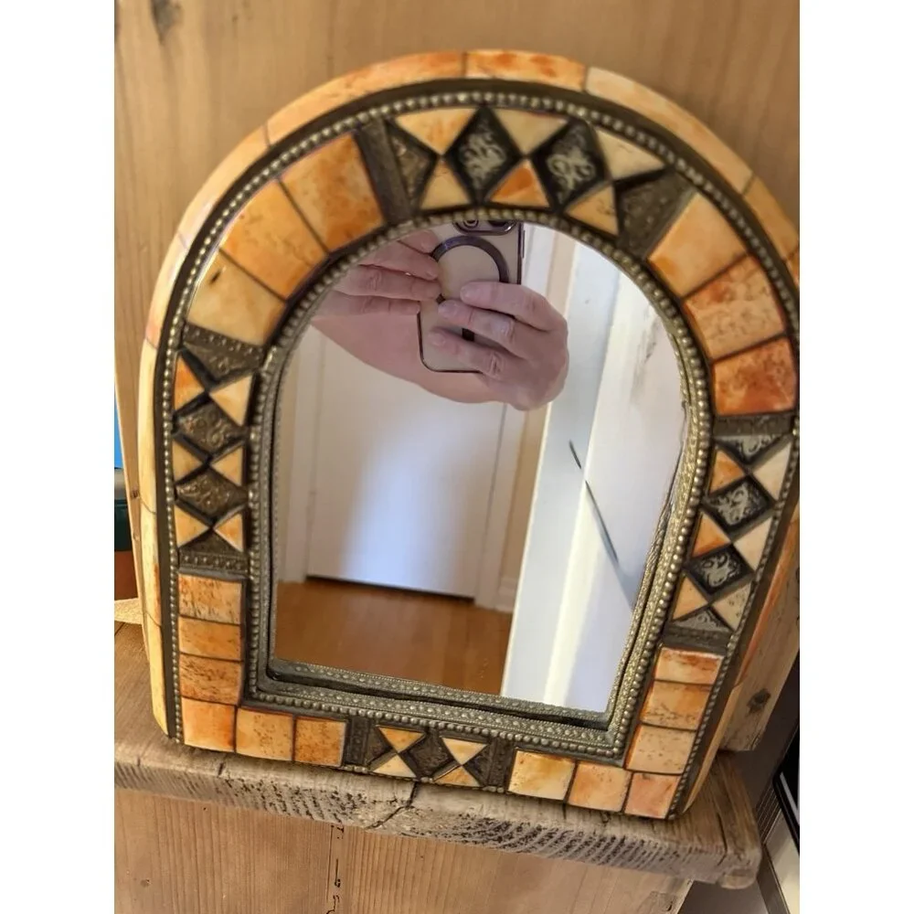Moroccan Mirror Brass Camel Bone Wood Arched Vintage 10.5 x 9.5" - Picture 6 of 10